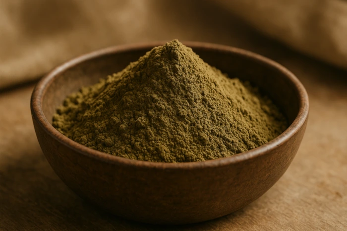 Cuenco de barro con polvos naturales para teñir el pelo