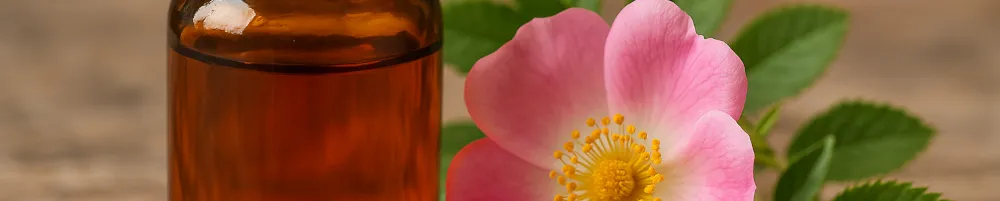Aceite de rosa mosqueta en frasco sobre fondo claro