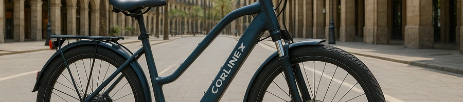 Ilustración de bicicletas electricas con fondo de una ciudad
