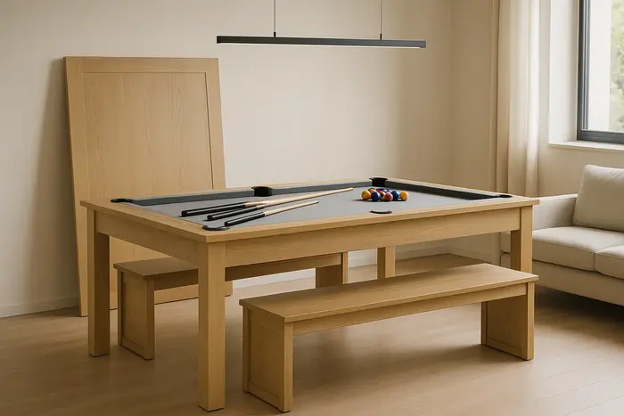 Mesa de billar y comedor para pisos pequeños: trucos que funcionan
