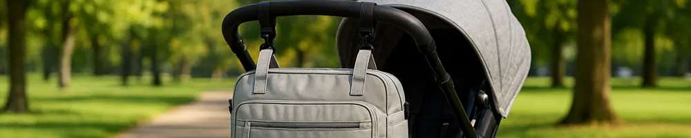 Bolso para carro de bebé colgado en el carrito, con organizador visible