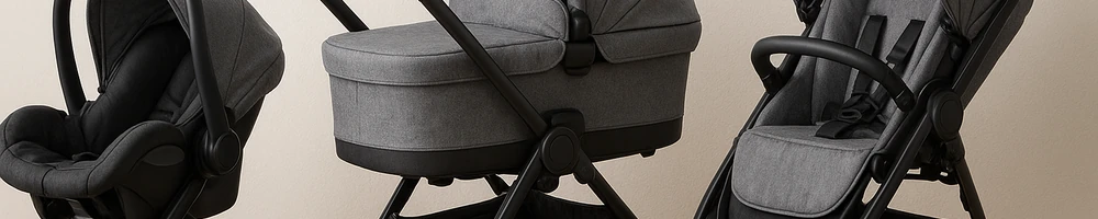 Carrito de bebé moderno en uso, vista lateral y detalles de plegado