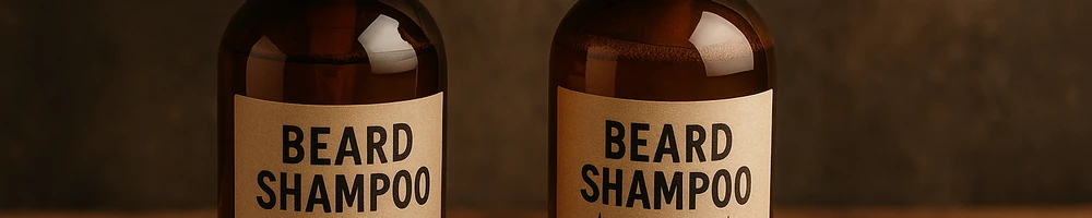 Champú para barba en botella sobre fondo neutro para el cuidado de la barba