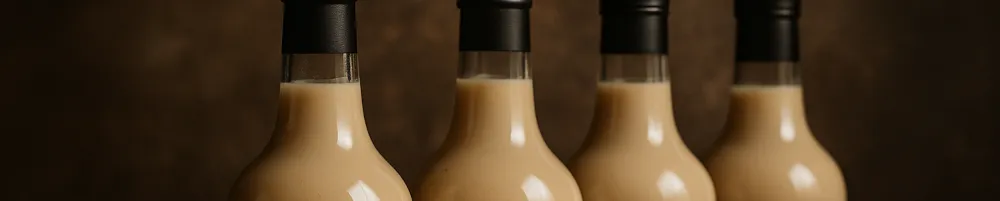 Botella de crema de orujo sobre fondo neutro