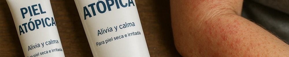 Crema para la piel atópica en envase, textura y aplicación visibles