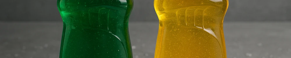 Gel para lavavajillas en envase sobre fregadero