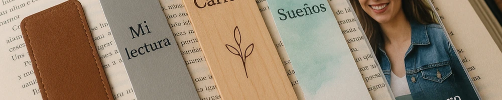 Marcapáginas personalizado en metal, cuero y metacrilato para libros