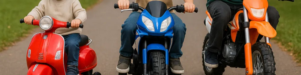 Ilustración de unas motos eléctricas para niños con fondo de un camino