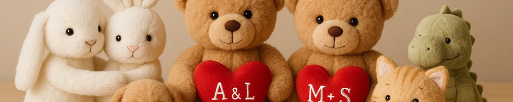 Peluches personalizados con nombre: osos, conejos y almohadas