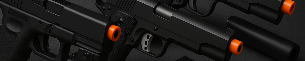 Pistolas de airsoft en primer plano con detalles del cañón y la empuñadura