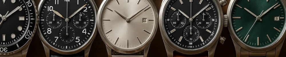 Reloj de hombre elegante sobre fondo neutro, vista frontal para comparar modelos