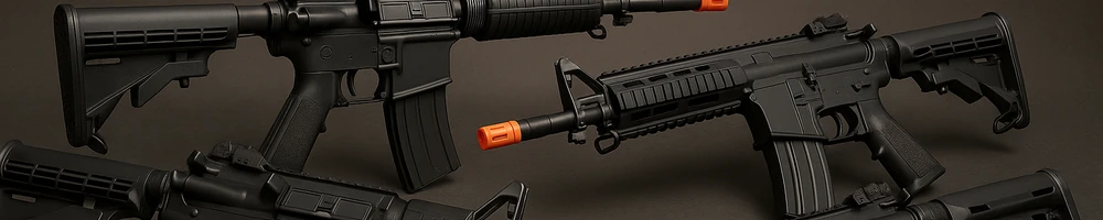 Rifle de airsoft táctico sobre fondo neutro