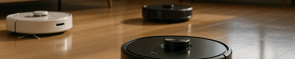 Robot aspirador en funcionamiento sobre suelo de madera, limpiando polvo y pelos